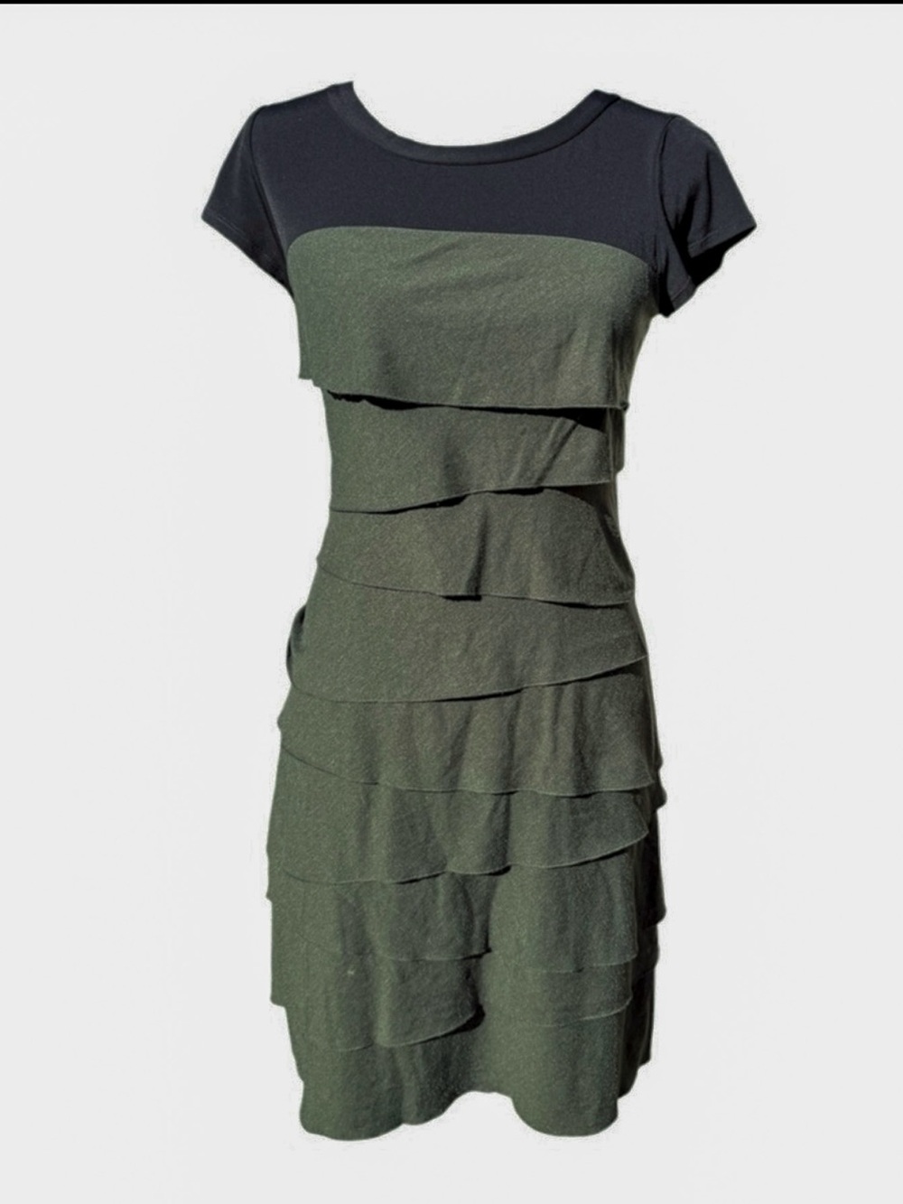 Laundry by Shelli Segal Tiered Cap Sleeve Mini Dress Olive Green Black Sz 4​